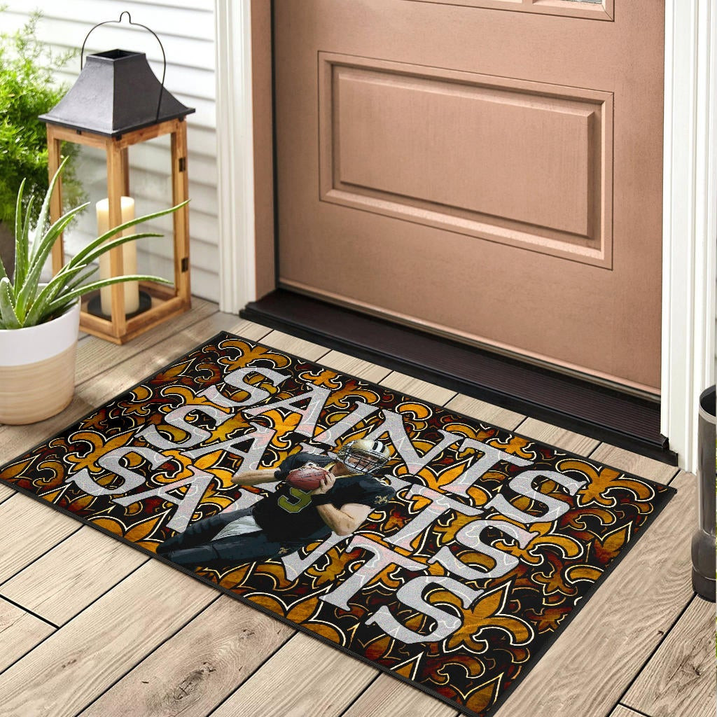 New Orleans Saints American Football Drew Brees 09 Saints Doodle Background Rubber Doormat Home Decor - Image 3