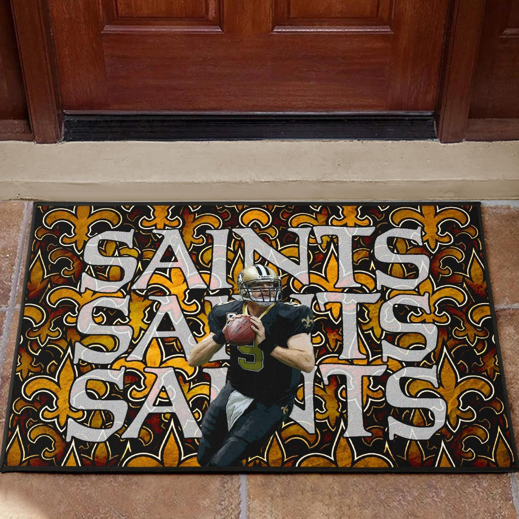 New Orleans Saints American Football Drew Brees 09 Saints Doodle Background Rubber Doormat Home Decor