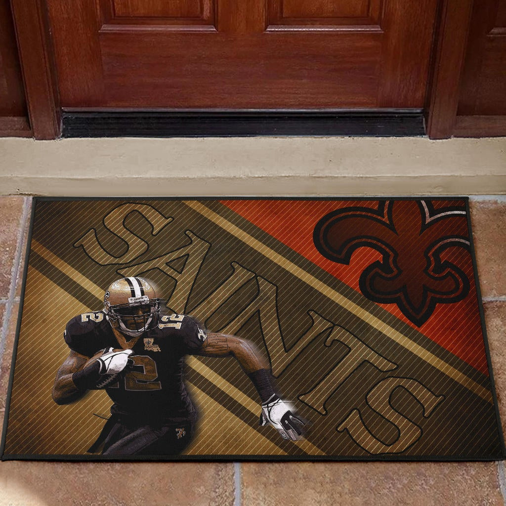 New Orleans Saints American Football Kenny Stills 12 Holding Rugby Ball Vintage Style Rubber Doormat Home Decor