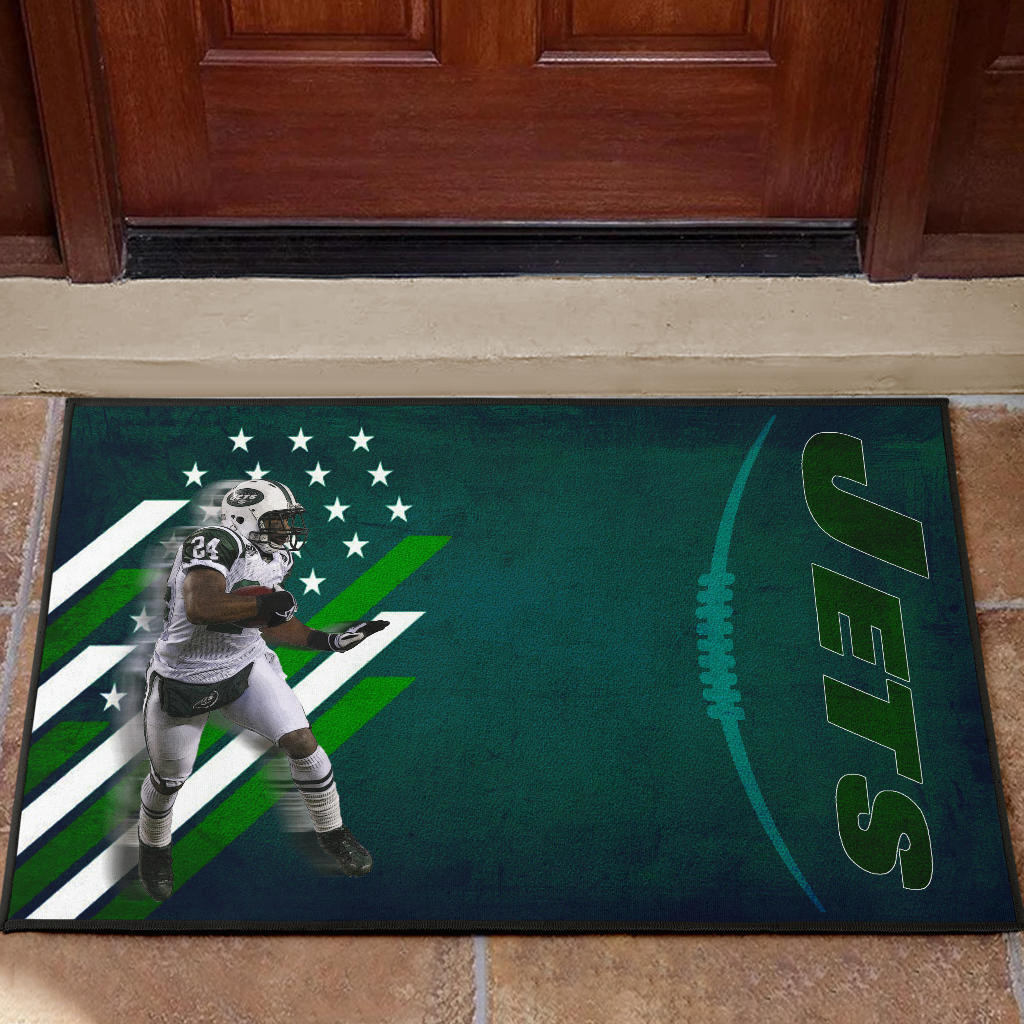 New York American Football Jets Football Player 24 Running Fading American Flag Rubber Doormat Home Decor