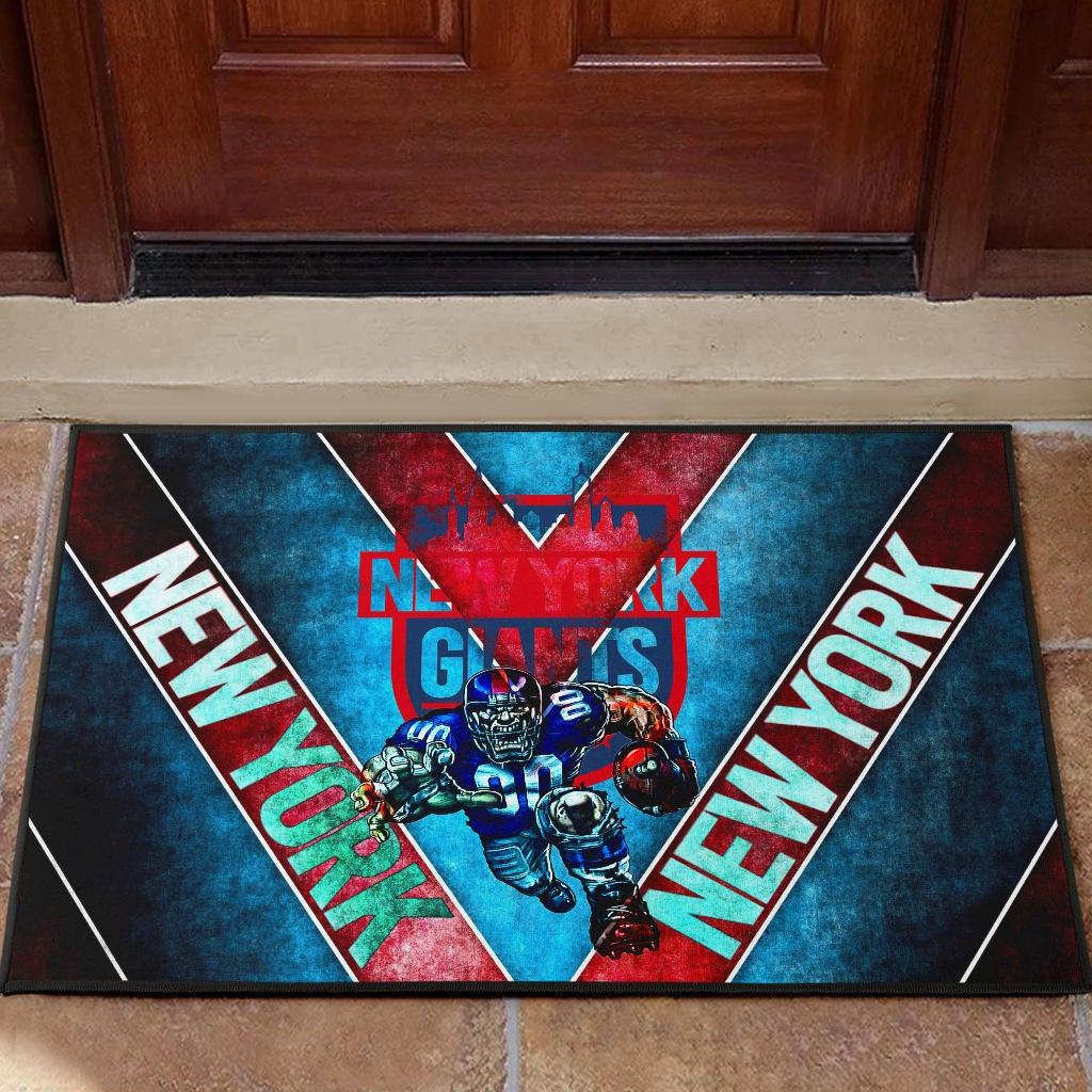 New York Giants American Football Team Rubber Doormat Muscle Player Holding Rugby And Running Rubber Doormat Home Decor