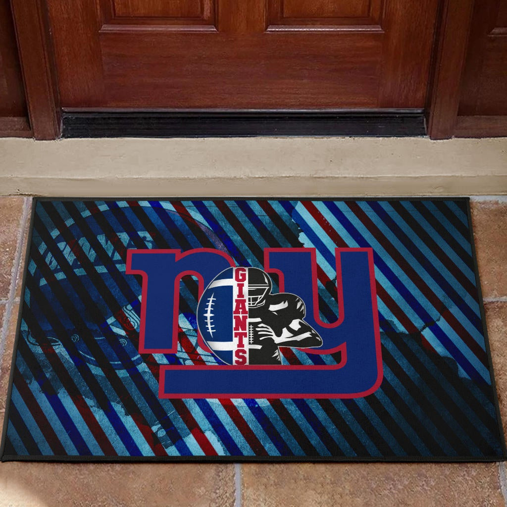 New York Giants American Football Team Rubber Doormat Player Silhouette With Giant Rugby Ball Helmet Rubber Doormat Home Decor