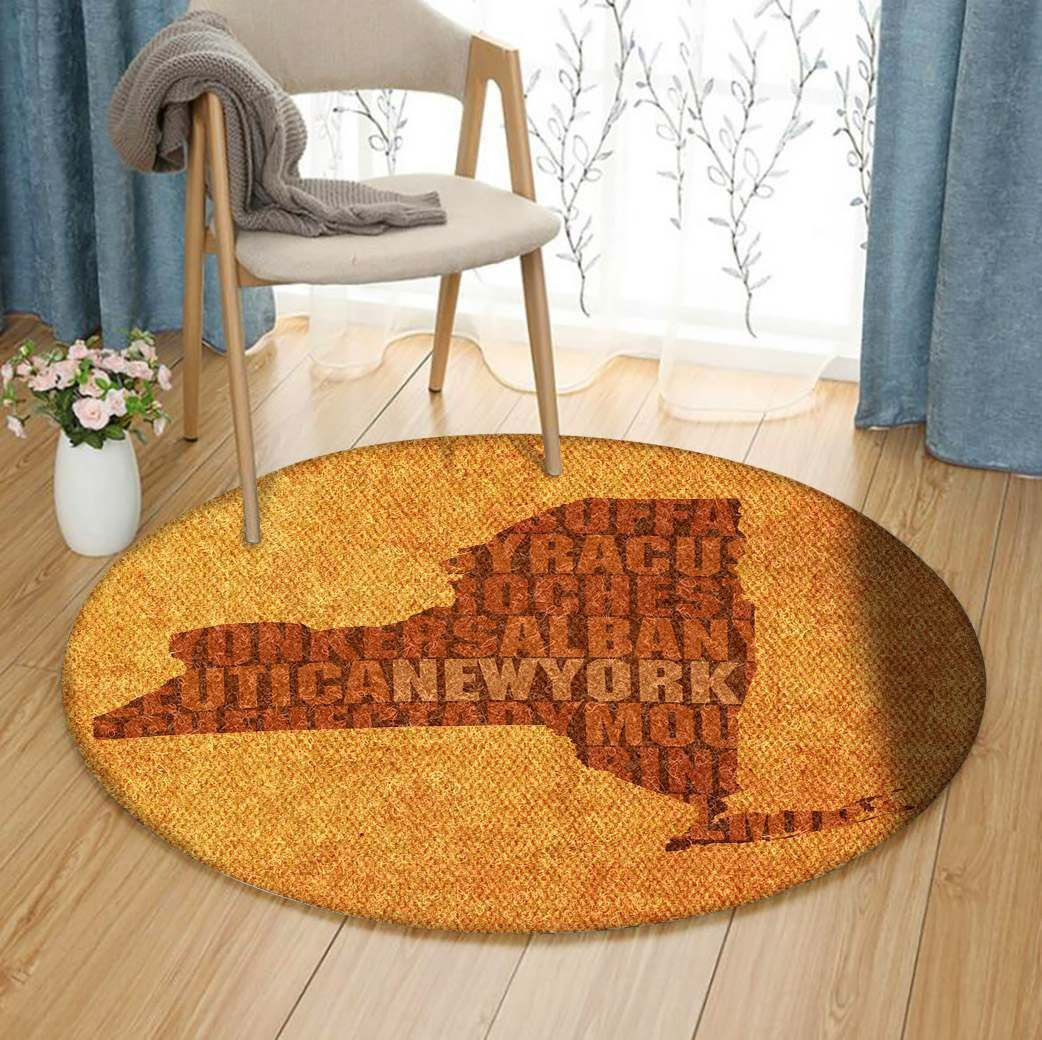 New York Word Art State Map Round Rug Carpet Bedroom Livingroom Home Decor