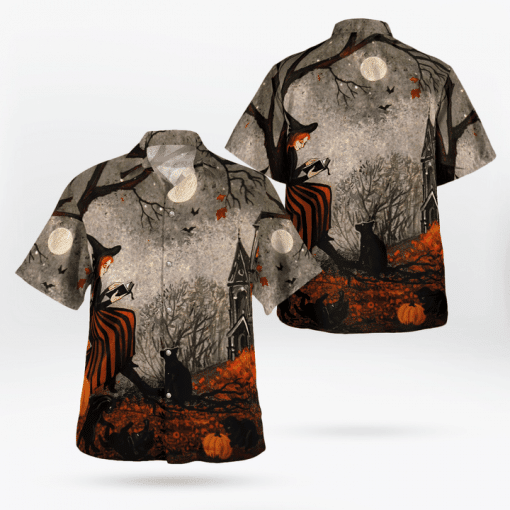 Night Black Cats And Little Witch Pumpkin Halloween Hawaiian Shirt
