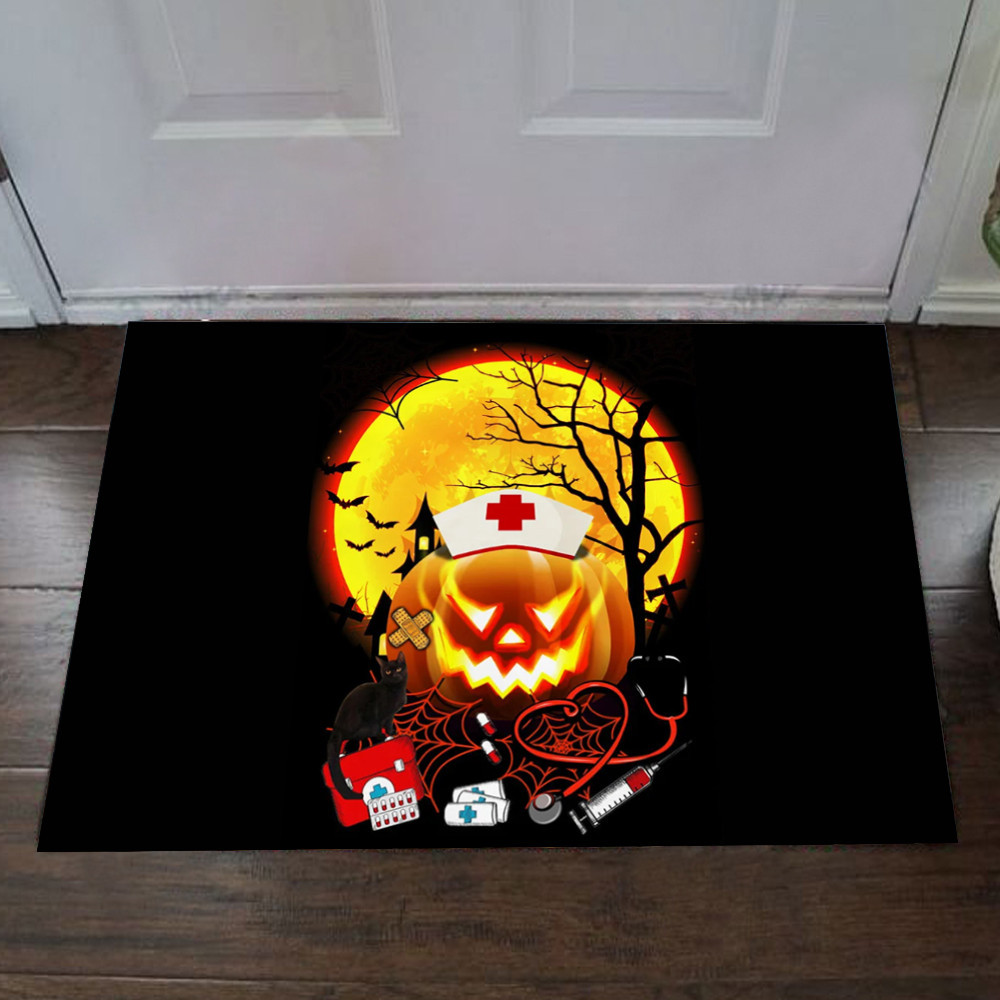 Nurse Pumpkin Halloween Rubber Doormat 2022 Halloween Indoor Welcome Mat Nursing Home Room Decor