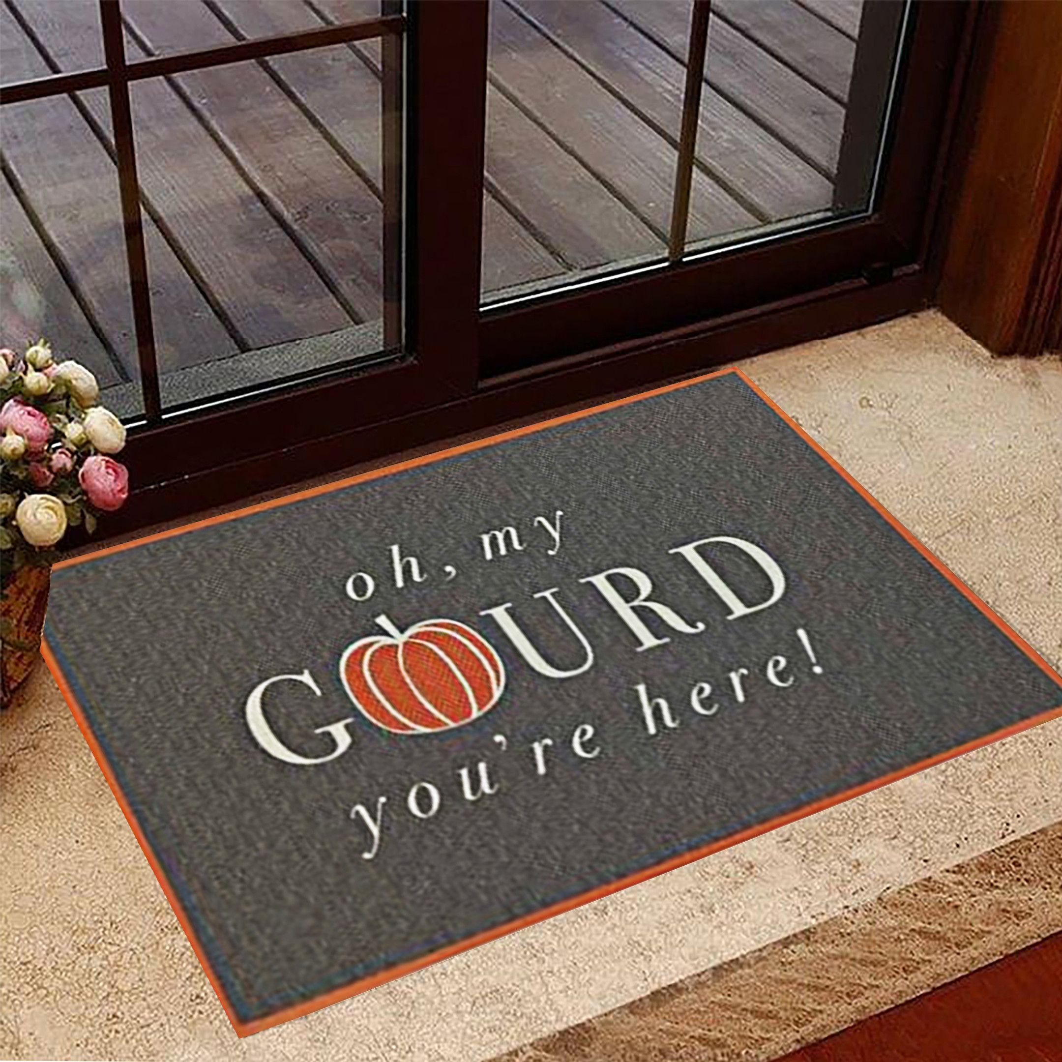 Oh My Gourd Rubber Doormat Pumpkin You're Here Halloween Fall Welcome Mat Front Door