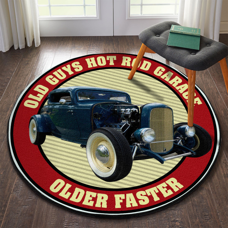 Old Guys Garage Hot Rod Round Rug Carpet Bedroom Livingroom Home Decor