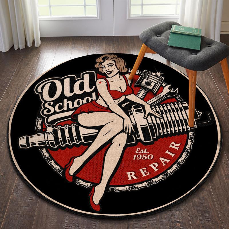 Old School Garage Round Rug Carpet Bedroom Livingroom Home Decor