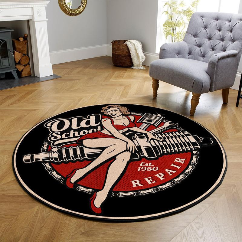 Old School Garage Round Rug Carpet Bedroom Livingroom Home Decor - Image 3