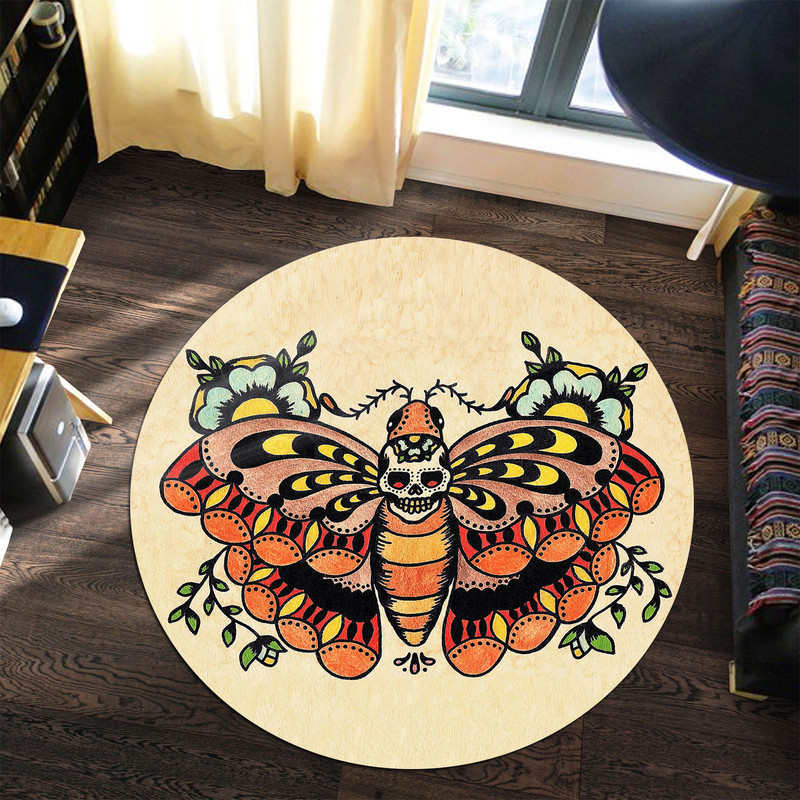 Old School Tattoo Death Moth Round Rug Carpet Bedroom Livingroom Home Decor - Image 3