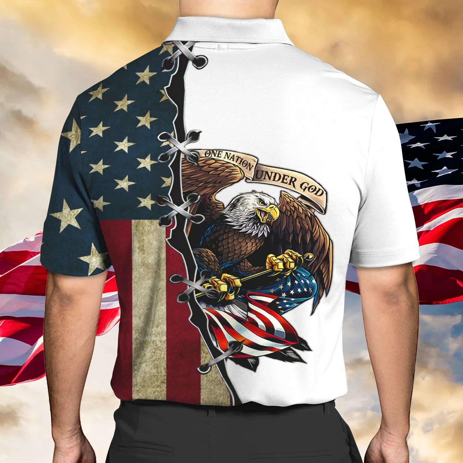 One nation under god eagle Personalized Name 3D Polo Shirt - Image 3