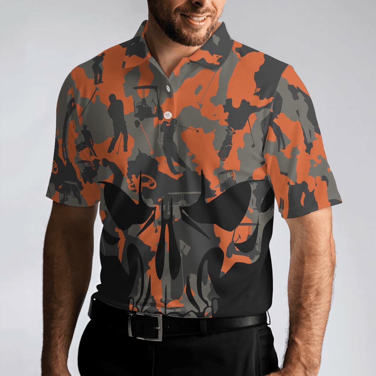 Orange Camouflage Golf Set Skull Golf Polo Shirt Golfer Silhouette Pattern Polo Shirt Camo Golf Shirt For Men - Image 5