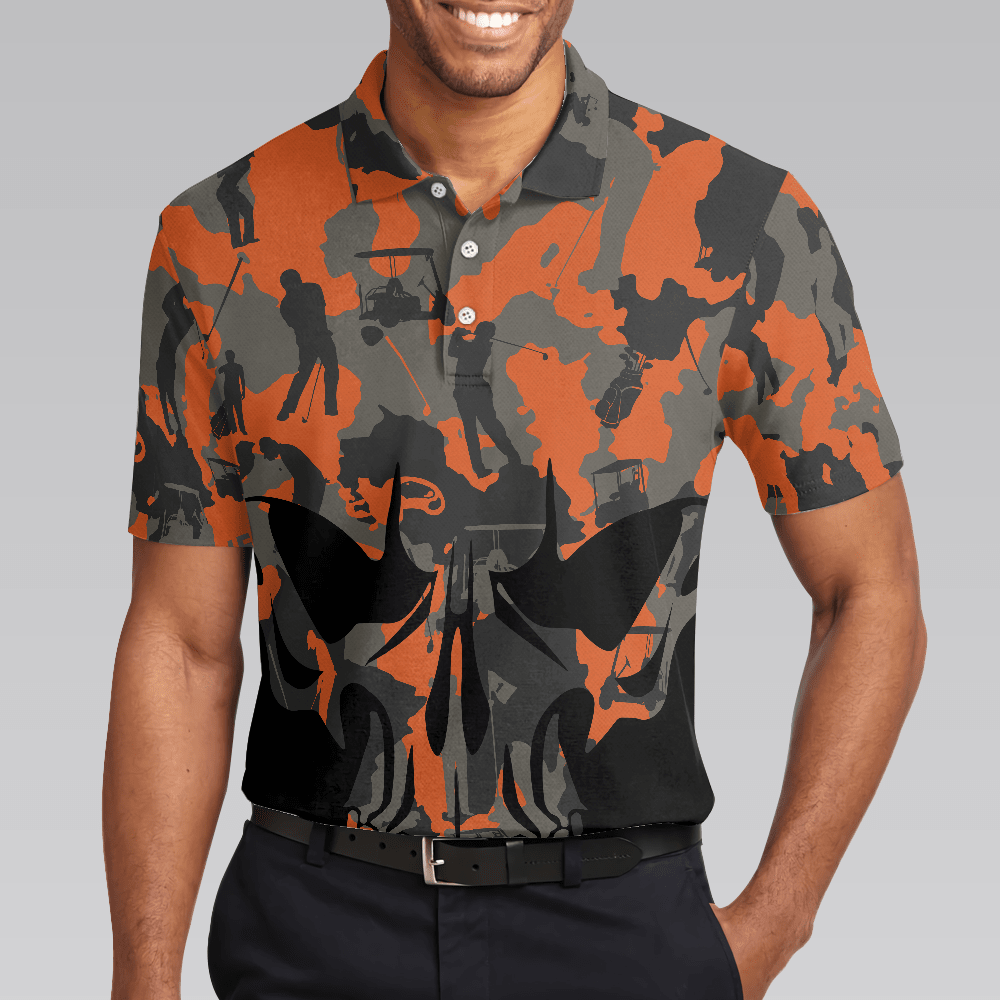 Orange Camouflage Golf Set Skull Golf Polo Shirt Golfer Silhouette Pattern Polo Shirt Camo Golf Shirt For Men - Image 4