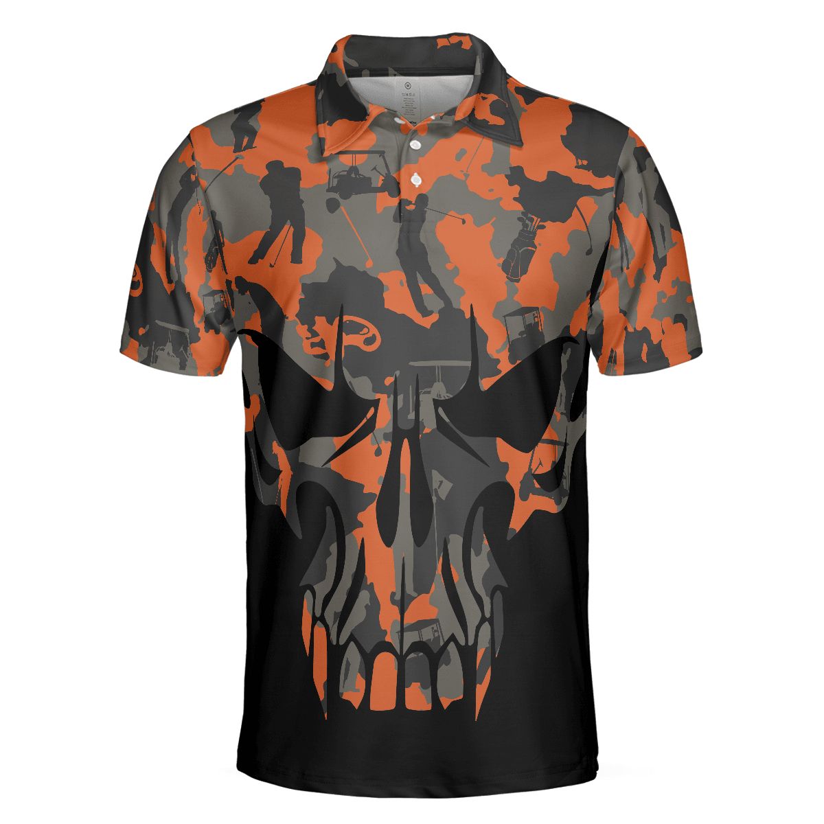Orange Camouflage Golf Set Skull Golf Polo Shirt Golfer Silhouette Pattern Polo Shirt Camo Golf Shirt For Men - Image 3