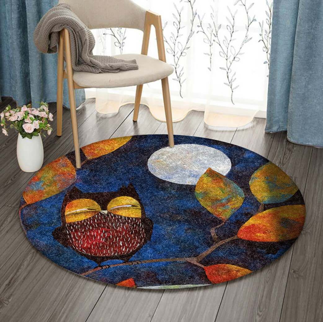 Owl In Autumn Moon Night Round Rug Carpet Bedroom Livingroom Home Decor