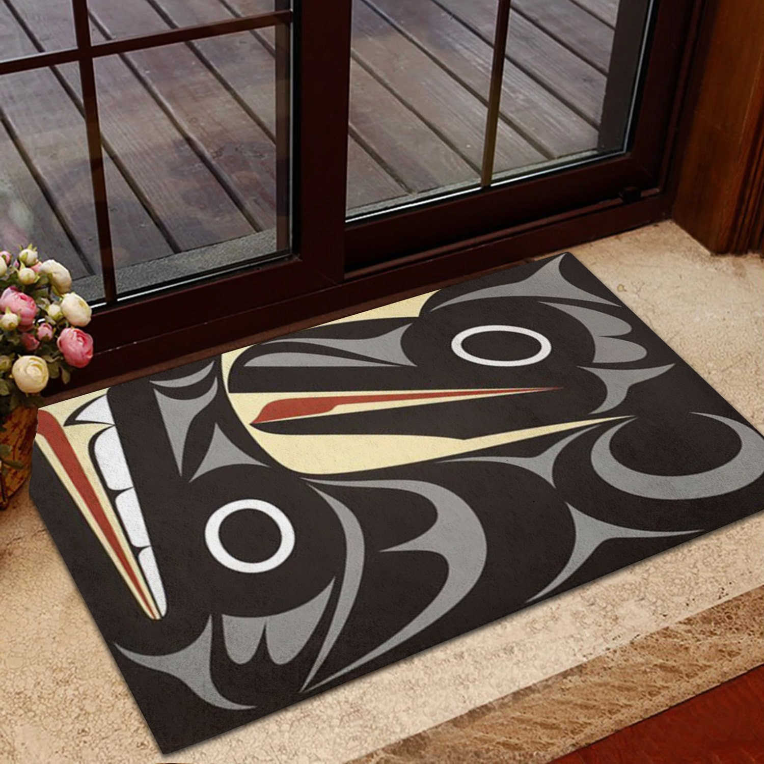 Pacific Northwest Coast Style Wolf And Raven Head Rubber Doormat Native Art Haida Merch