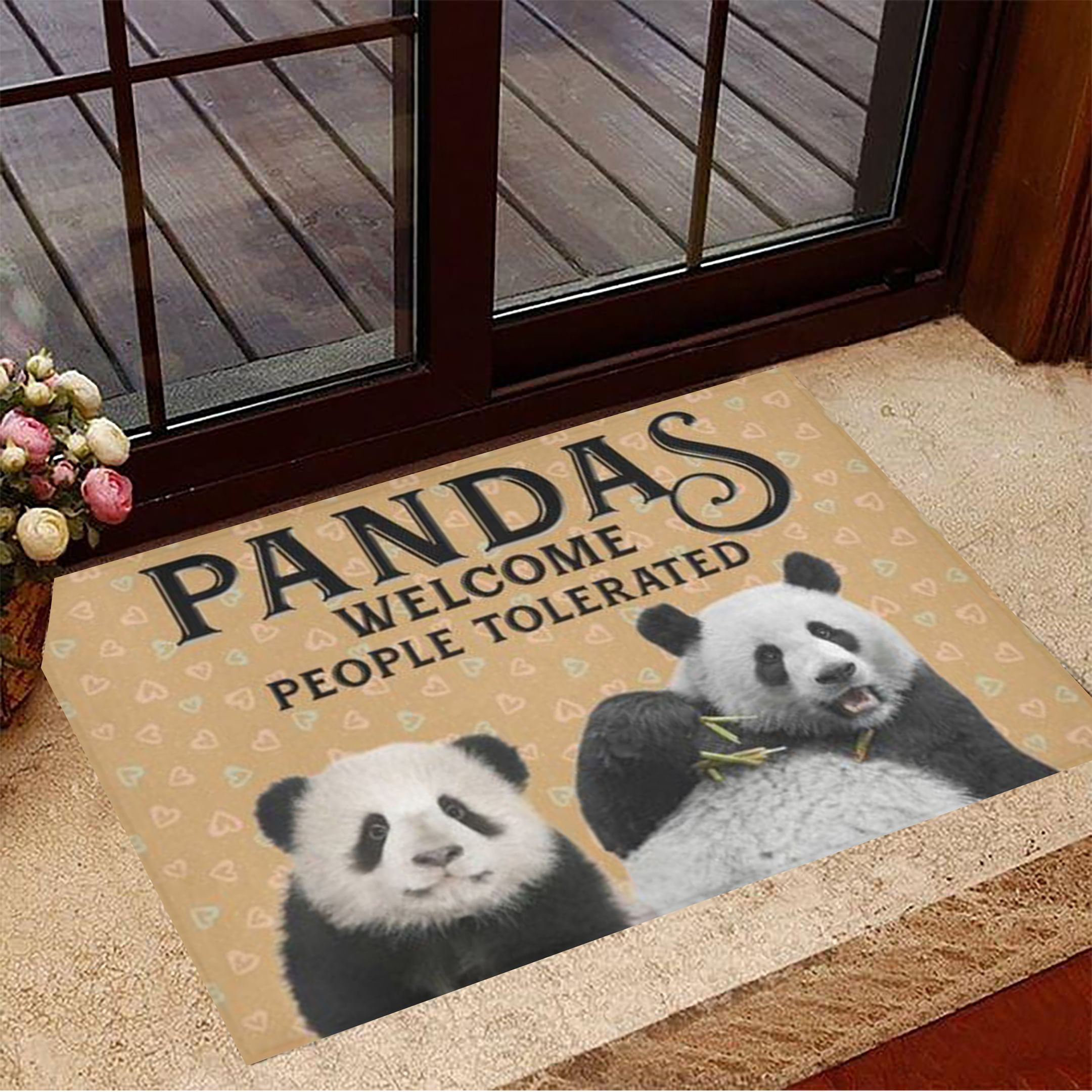 Pandas Welcome People Tolerated Rubber Doormat Best Indoor Door Mats Gifts For Panda Lovers