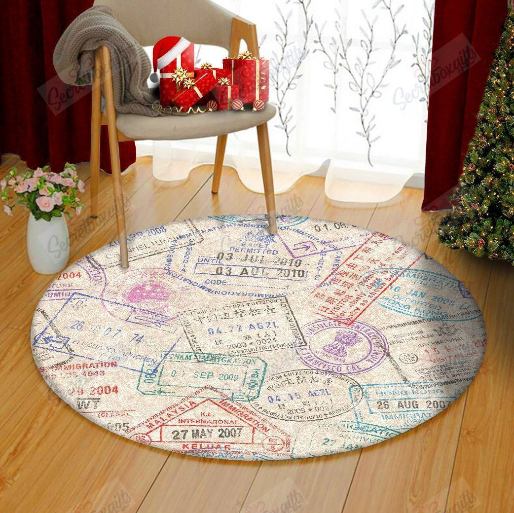 Passport Stamp Round Rug Carpet Bedroom Livingroom Home Decor