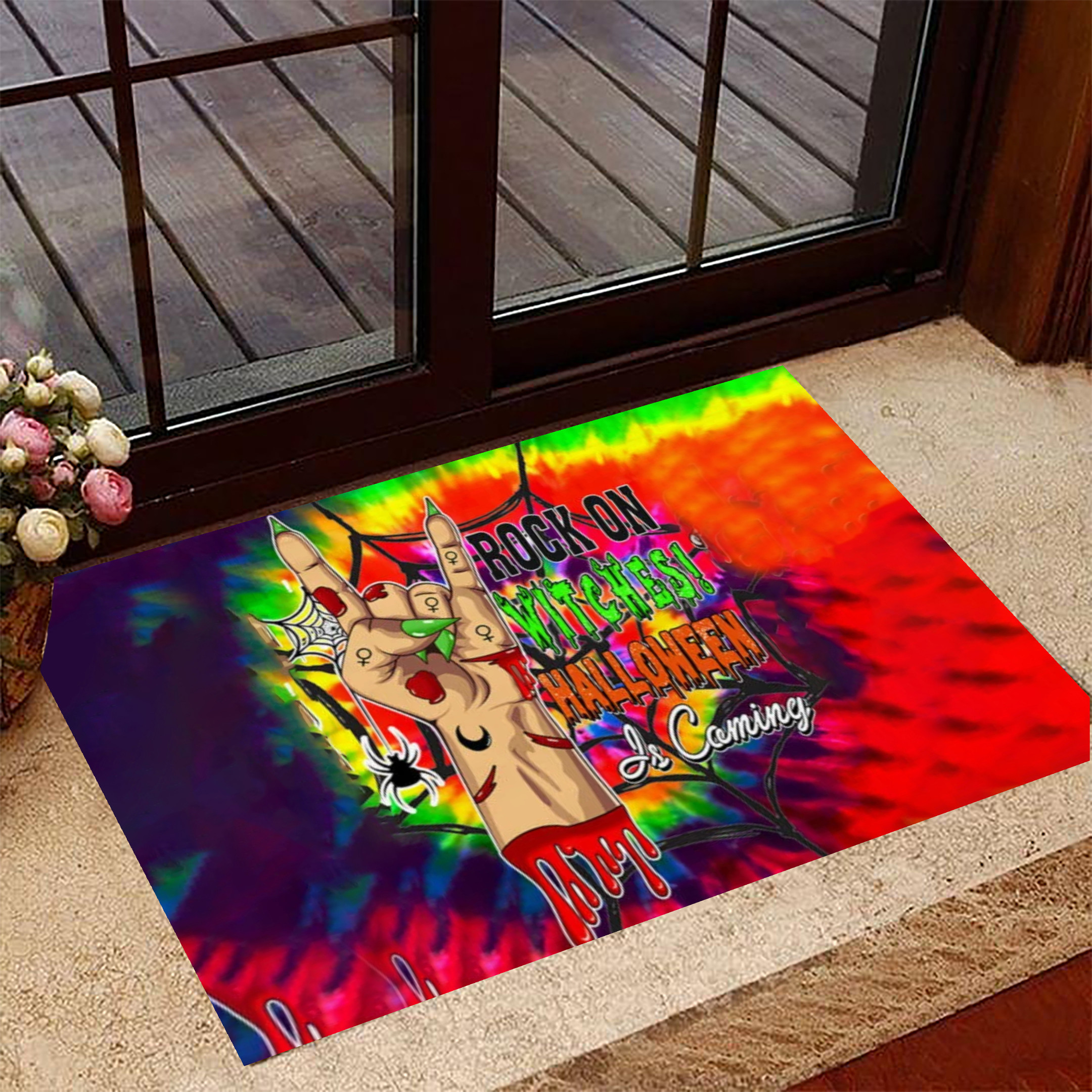 Peace Language Sign Rock On Witches Halloween Is Coming Rubber Doormat Happy Halloween Rubber Doormat