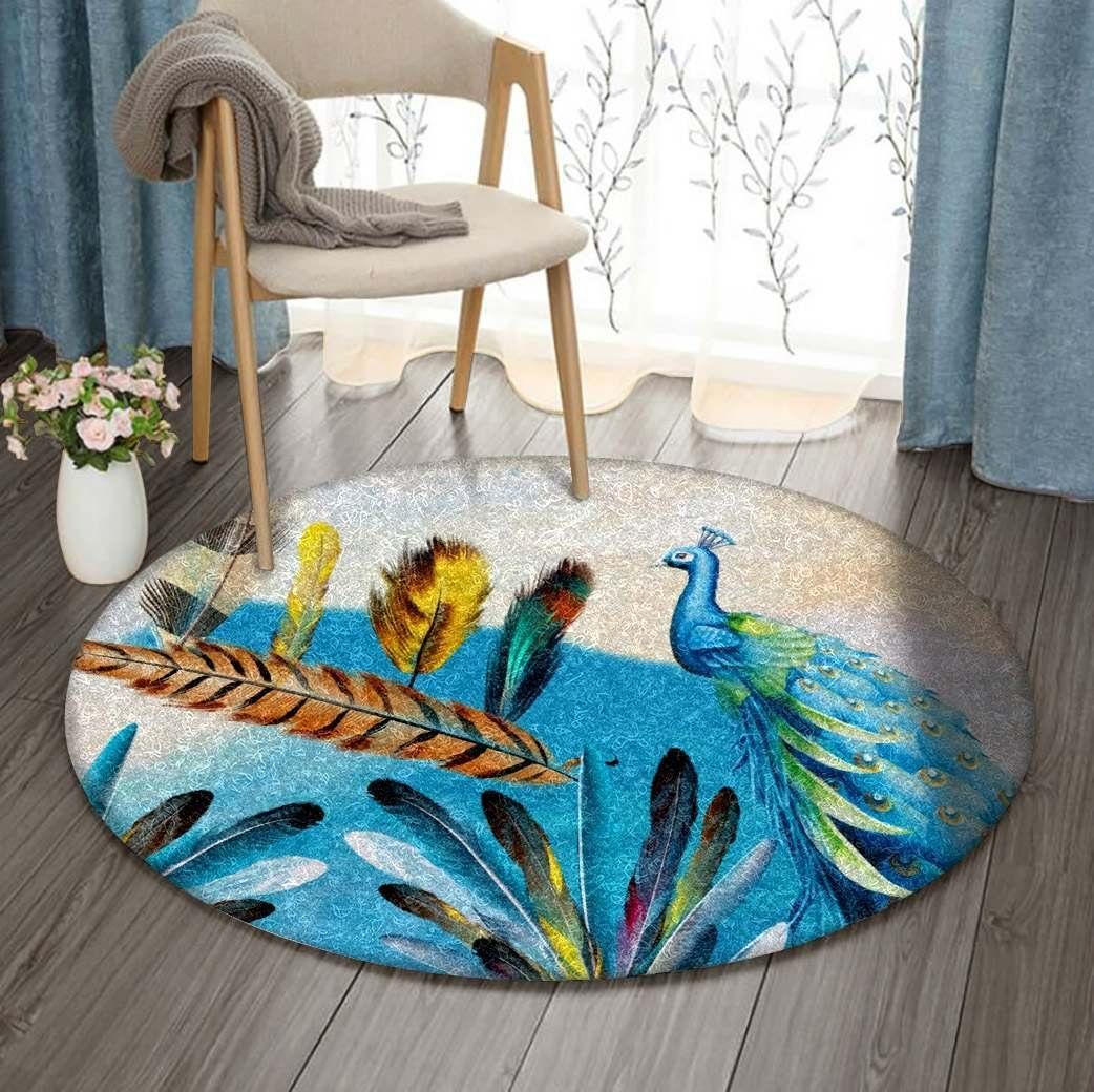 Peacock And Feathers Round Rug Carpet Bedroom Livingroom Home Decor