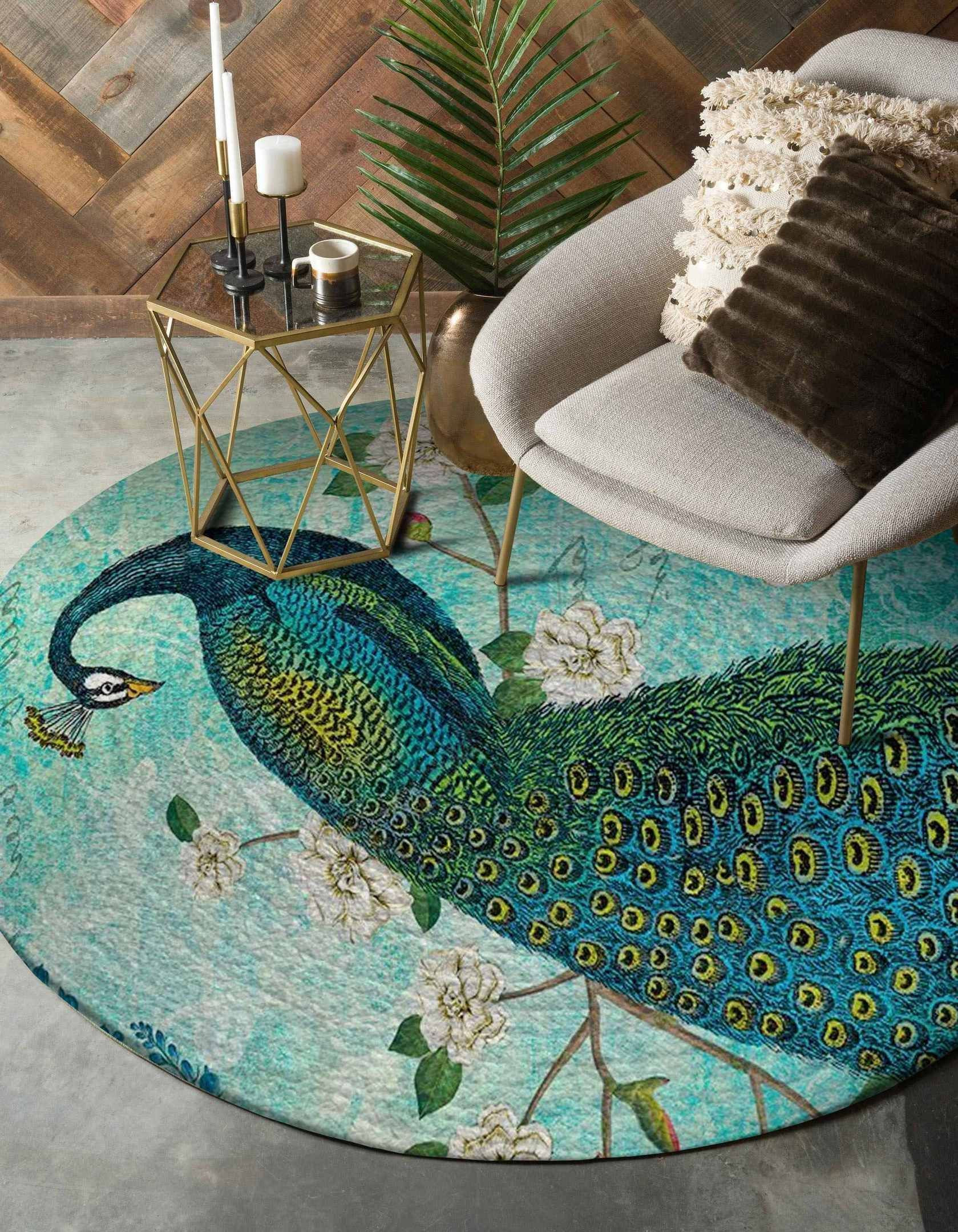 Peacock And Flowers Round Rug Carpet Bedroom Livingroom Home Decor