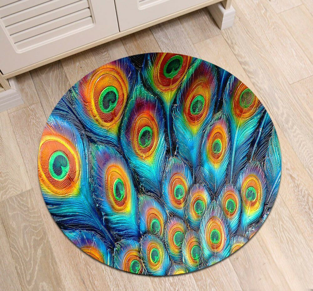 Peacock Feather Round Rug Carpet Bedroom Livingroom Home Decor