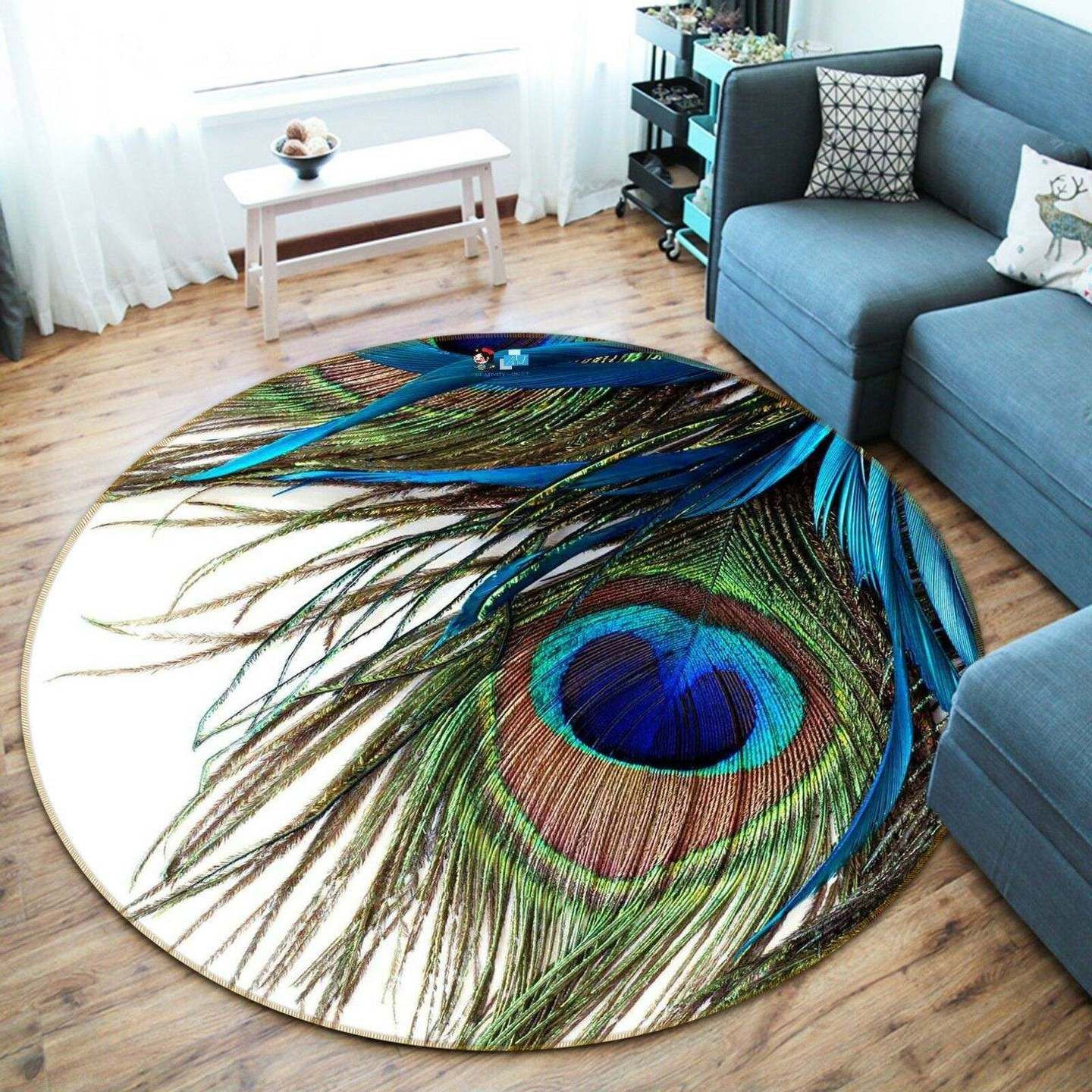 Peacock Feather Round Rug Carpet Bedroom Livingroom Home Decor