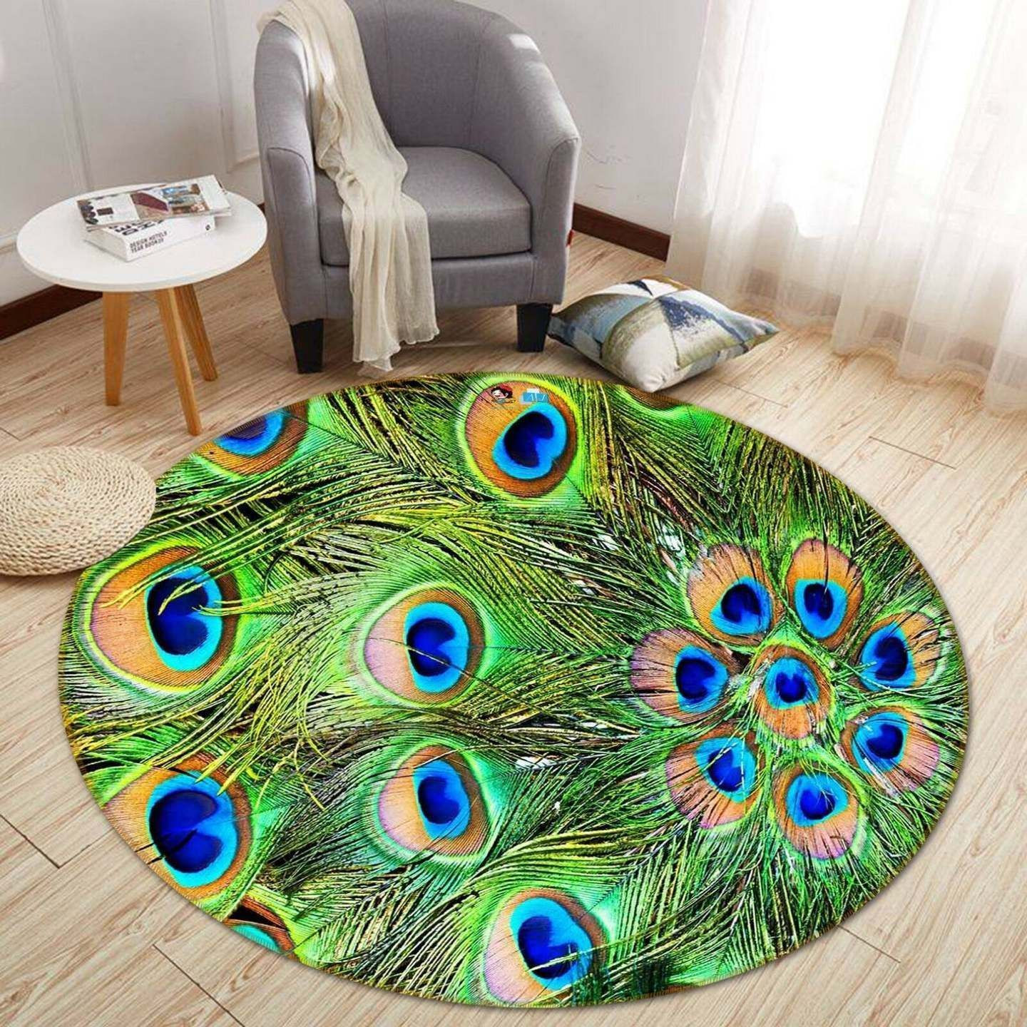 Peacock Feather Round Rug Carpet Bedroom Livingroom Home Decor