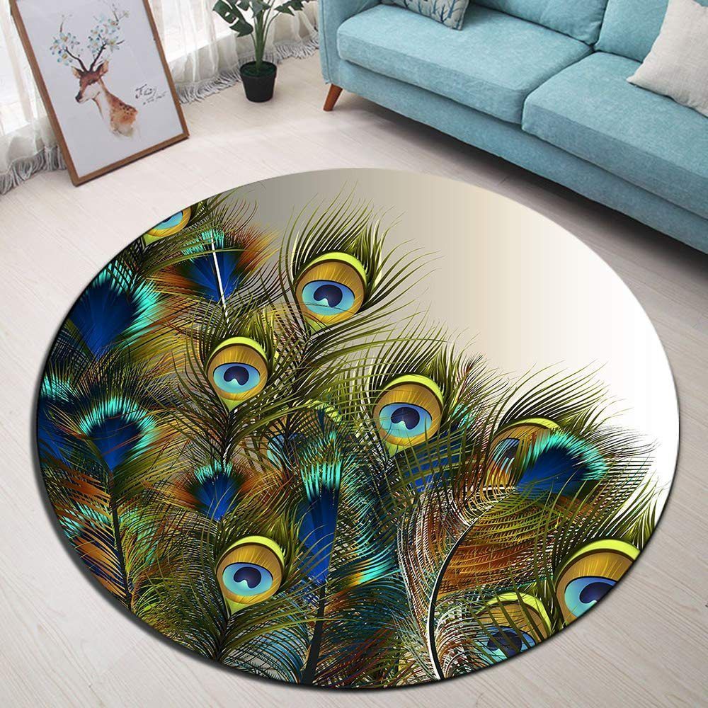 Peacock Feather Round Rug Carpet Bedroom Livingroom Home Decor