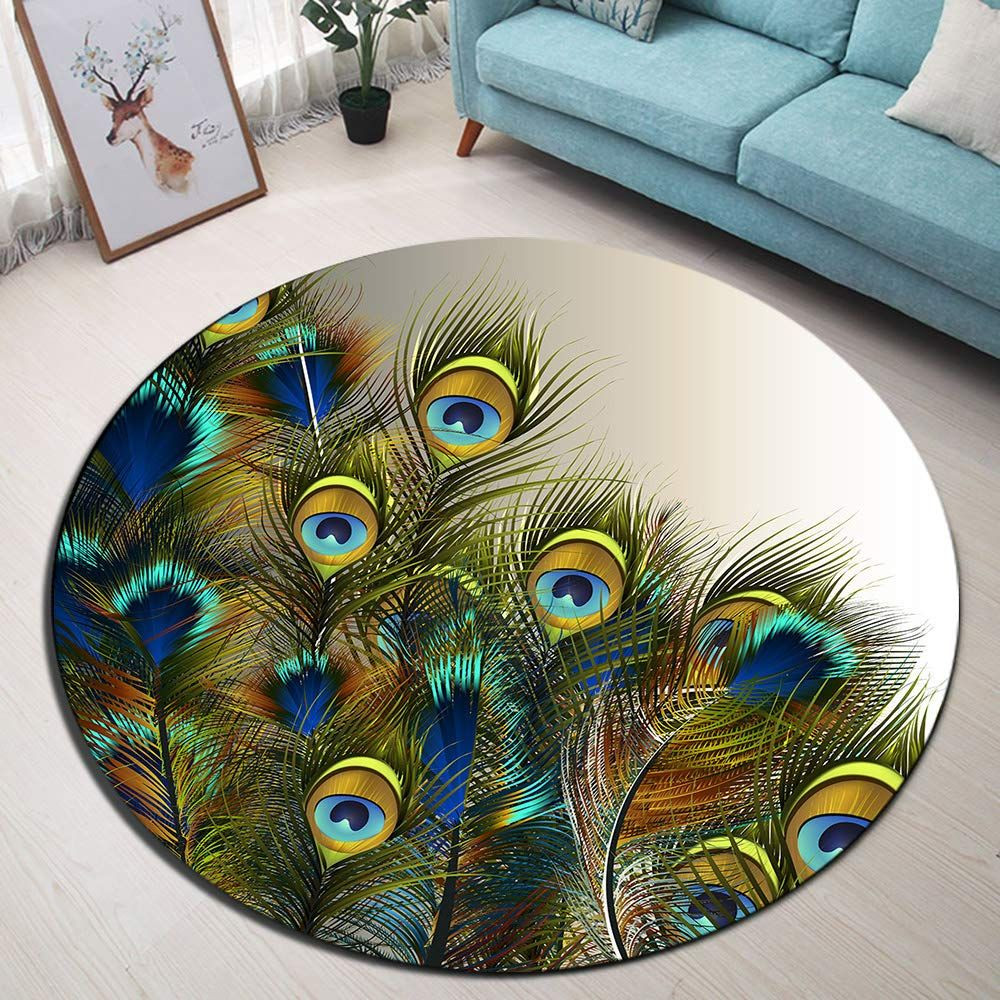 Peacock Feather Round Rug Carpet Bedroom Livingroom Home Decor