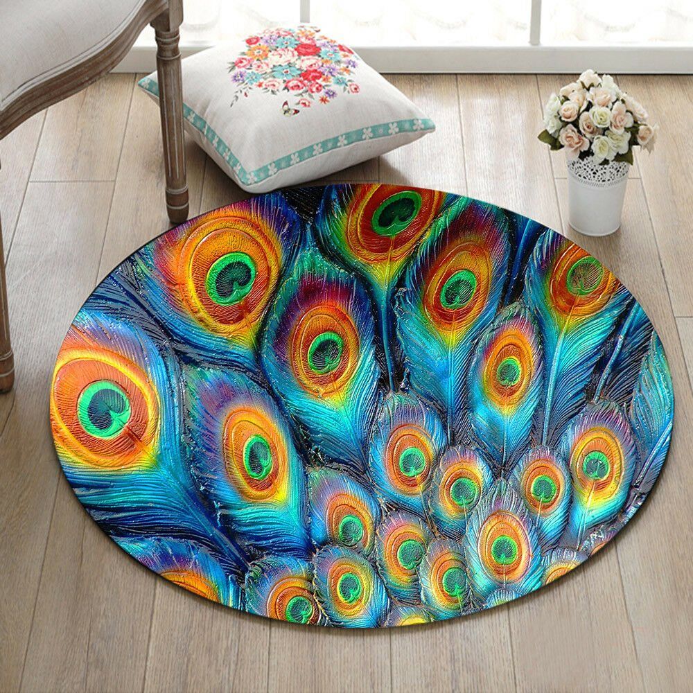 Peacock Feather Round Rug Carpet Bedroom Livingroom Home Decor