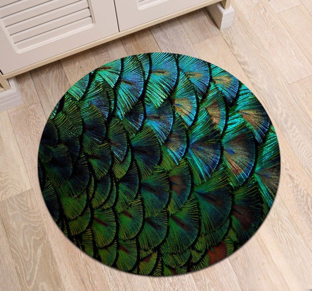 Peacock Feather Round Rug Carpet Bedroom Livingroom Home Decor