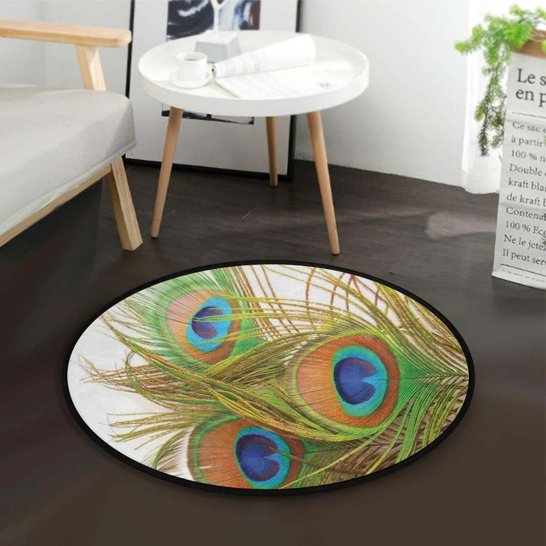 Peacock Feathers Round Rug Carpet Bedroom Livingroom Home Decor