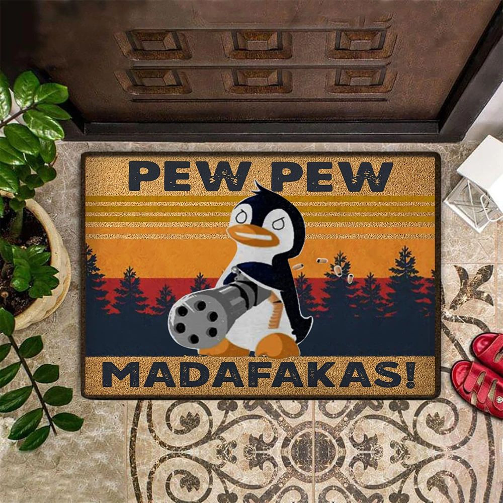Penguin Gunman Pew Pew Madafakas Rubber Doormat Cute Welcome Mat Front Door Mat Outdoor