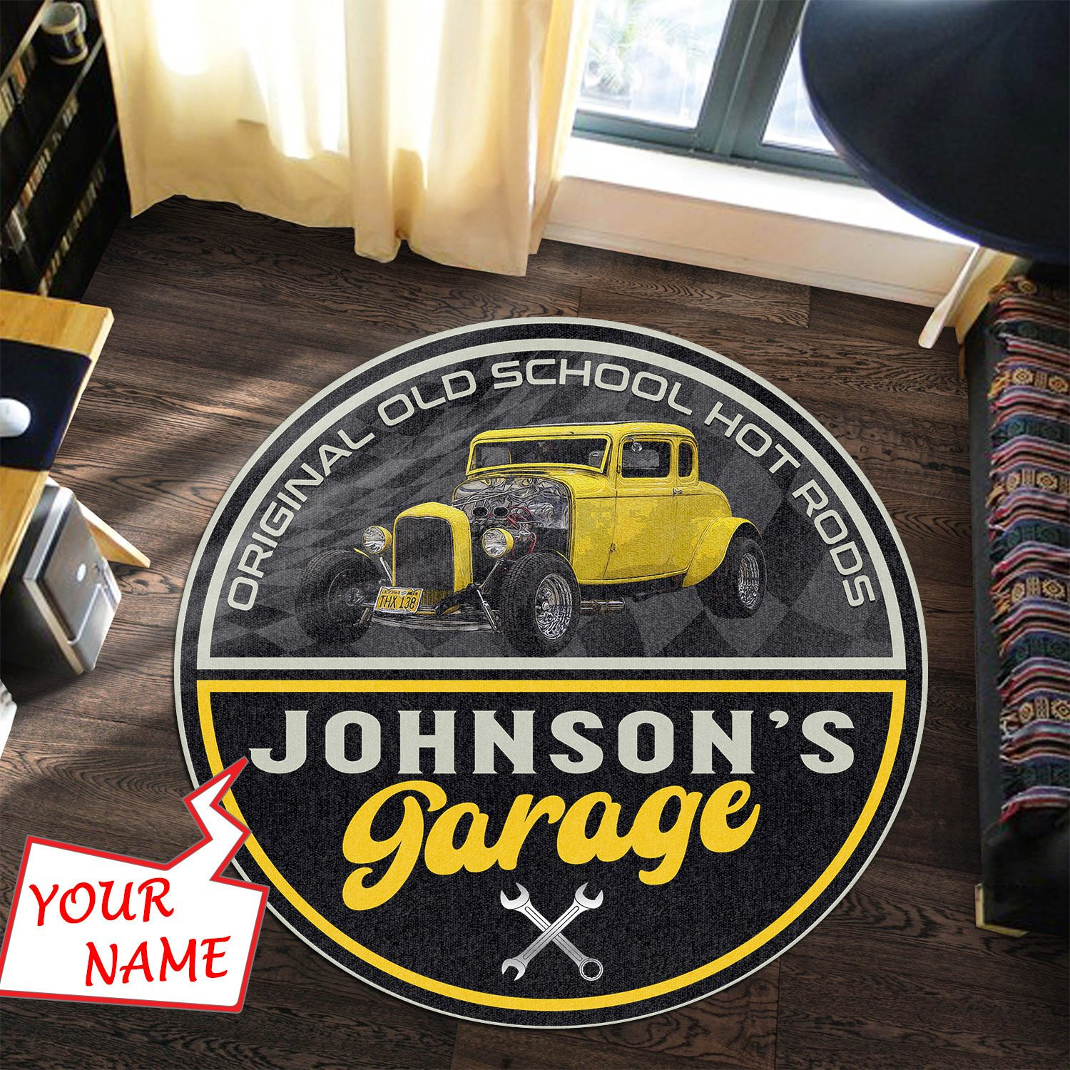 Personalize Hot Rod Garage Round Rug Carpet Bedroom Livingroom Home Decor