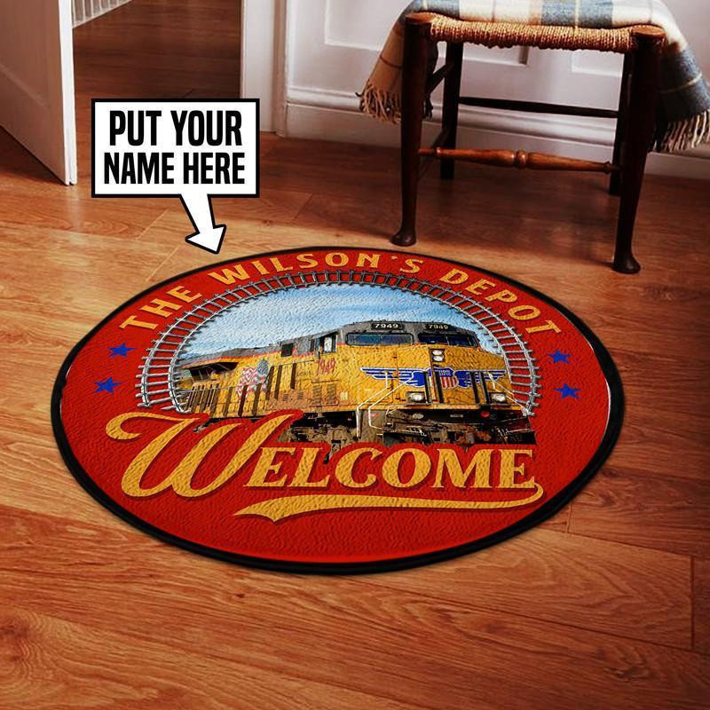 Personalize Unionpacific Train Depot Welcome Round Rug Carpet Bedroom Livingroom Home Decor