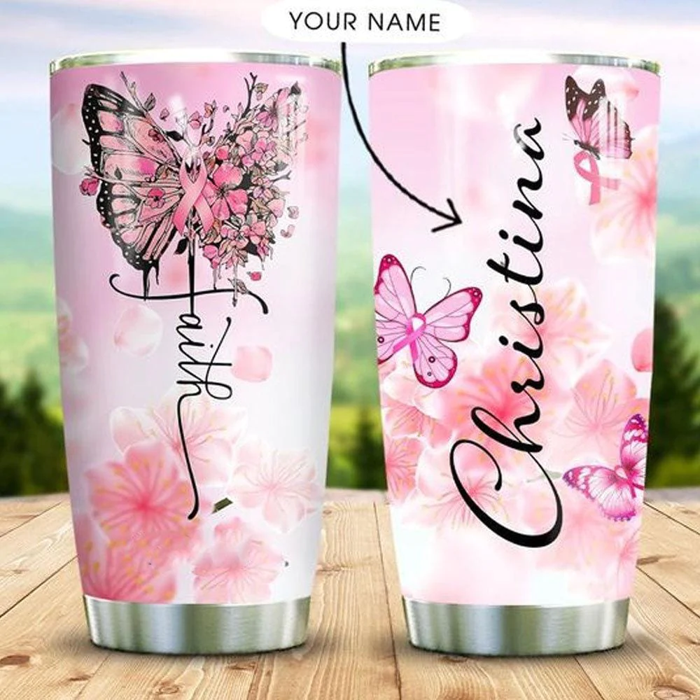 Personalized Breast Cancer Tumbler , Faith Butterfly Breast Cancer Awareness Tumbler