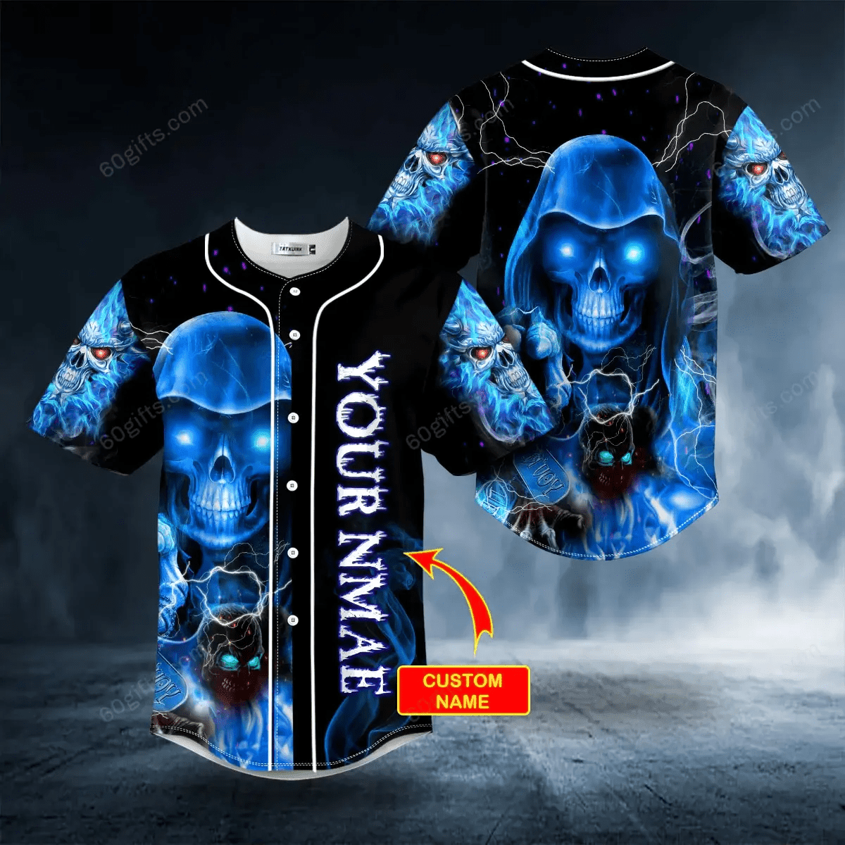 Personalized Grim Reaper Blue Fire Lightning Skull Baseball Jersey