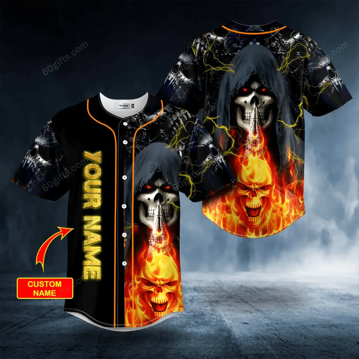 Personalized Grim Reaper Praying Lightning Flaming Hell Skull Baseball Jersey