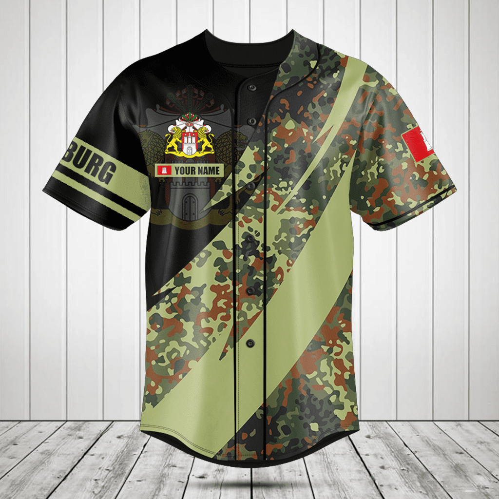 Personalized Hamburg Coat of Arms Camo Fire Style Baseball Jersey