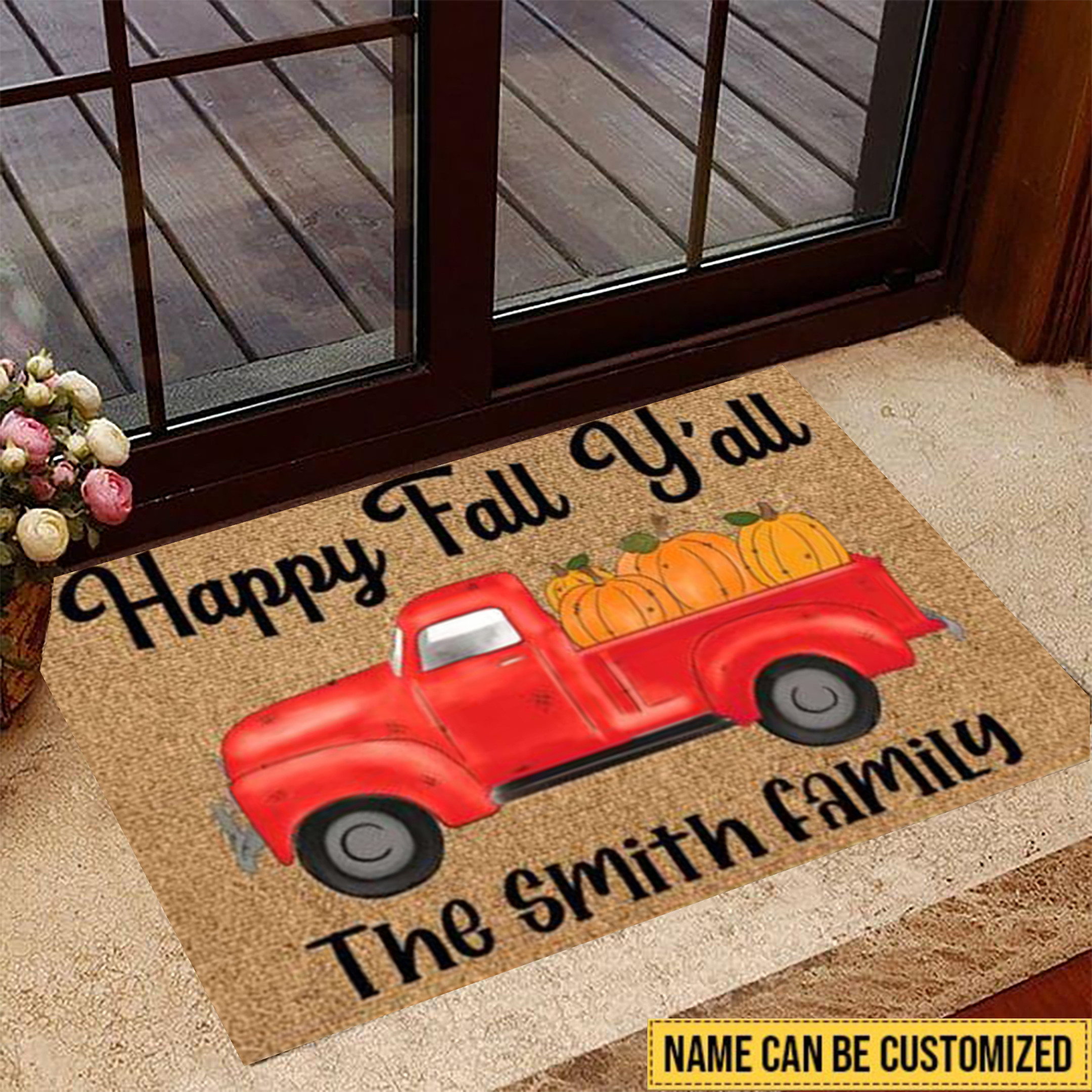 Personalized Happy Fall Yall Rubber Doormat Red Truck Pumpkin Happy Fall Y'all Welcome Mat
