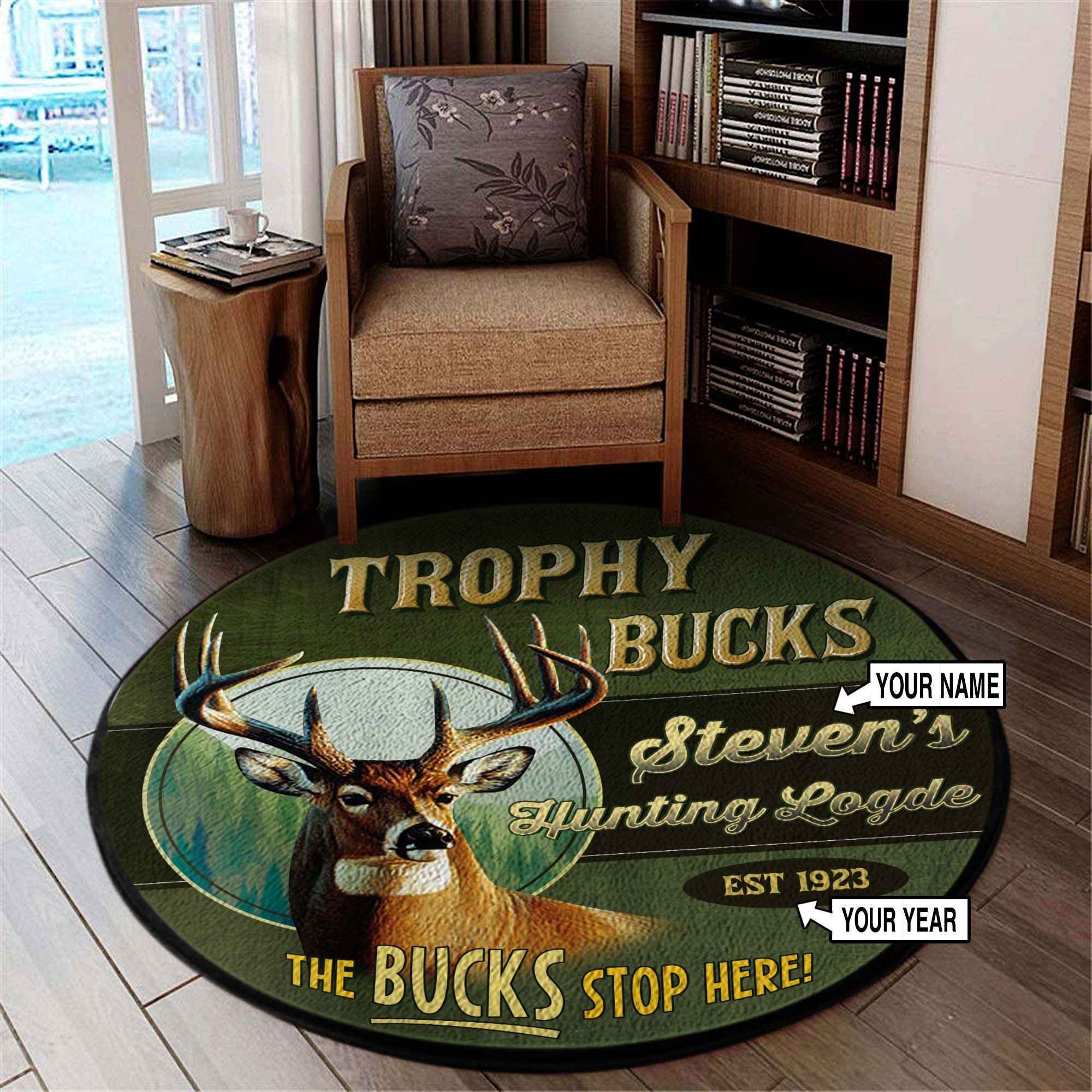 Personalized Hunting Lodge Trophy Buck Round Rug Carpet Bedroom Livingroom Home Decor
