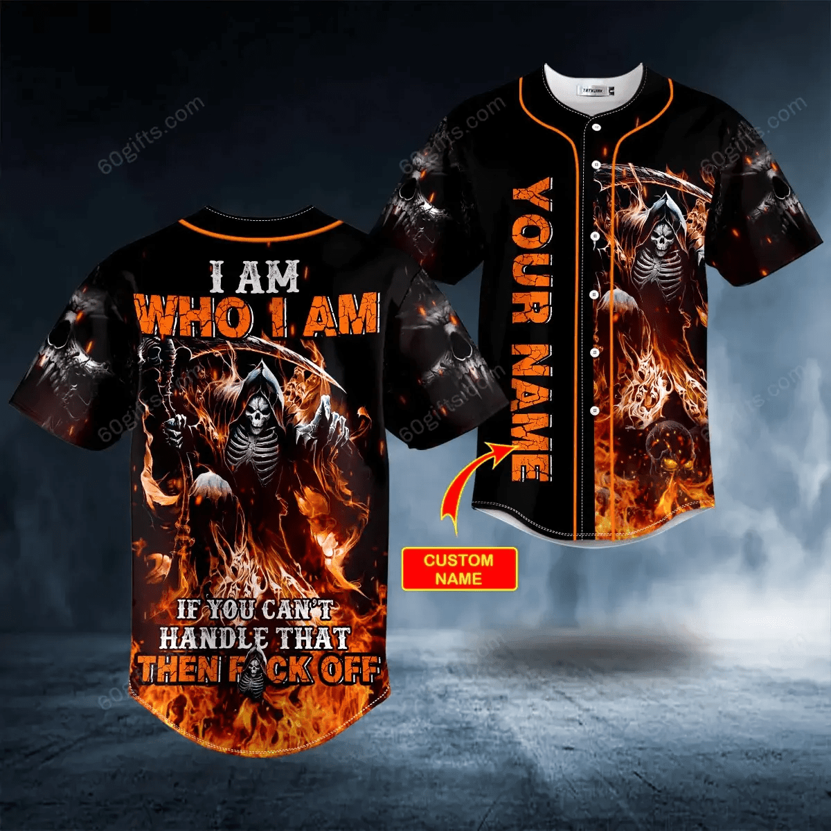 Personalized I Am Who I Am F Off Fire Skeleton Grim Reaper Skull Baseball Jersey