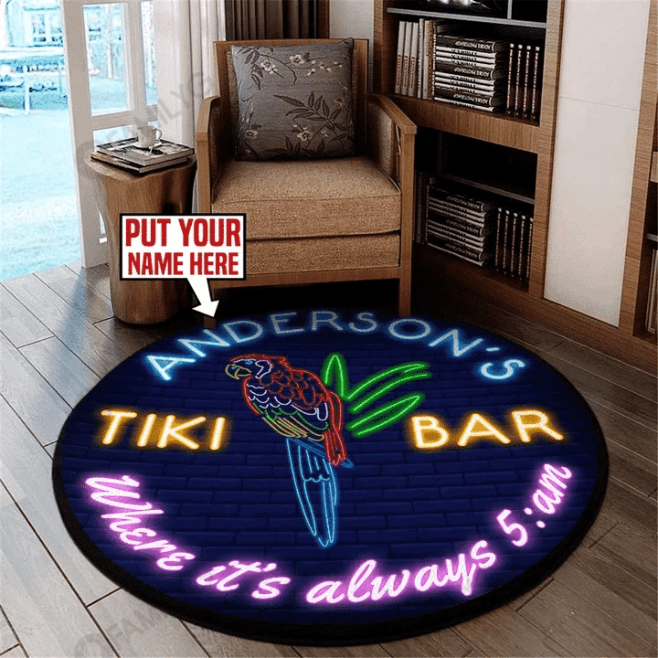 Personalized Name Tiki Bar Where It'S Always 5:Am Neon Perrot Round Rug Carpet Bedroom Livingroom Home Decor