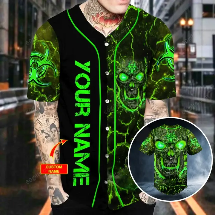 Personalized Neon Green Lava Eyes Skull Head Baseball Jersey
