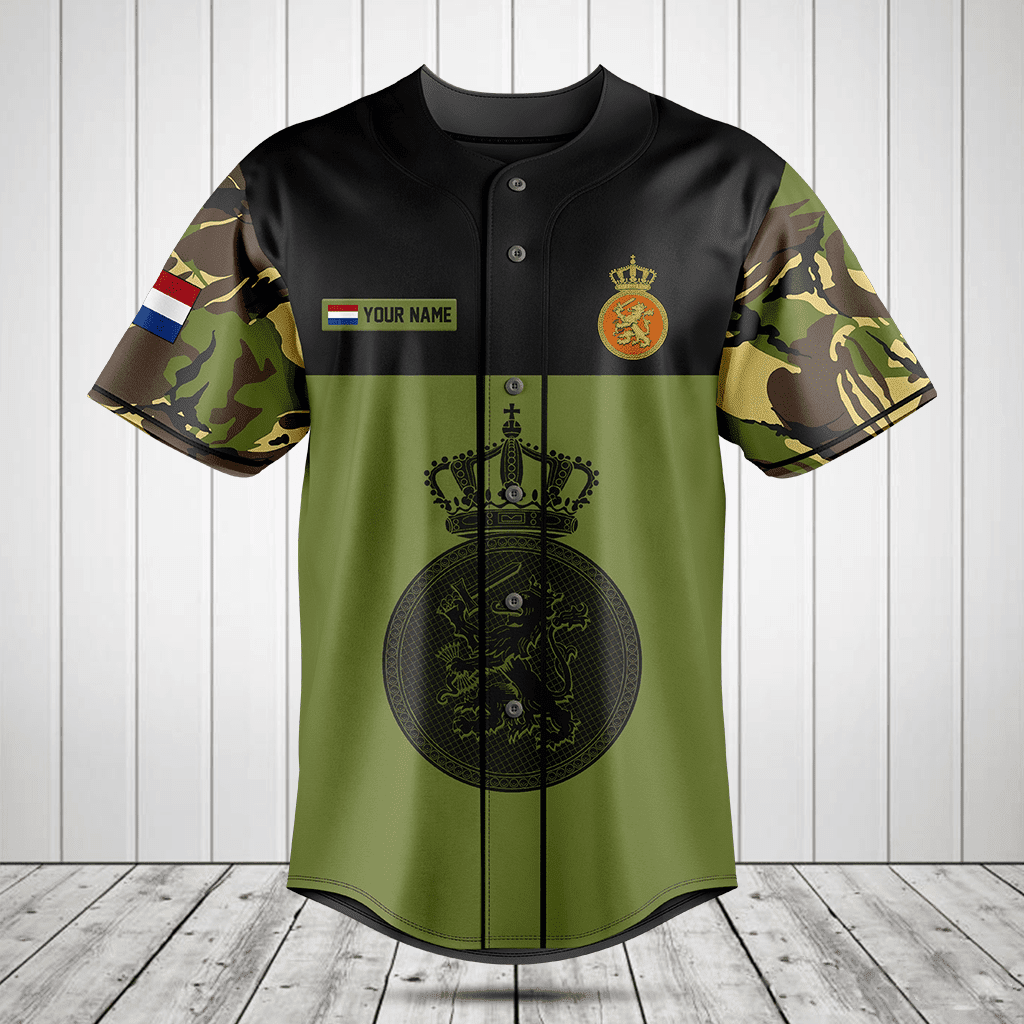 Personalized Netherlands Army Black Symbol Camo Baseball Jersey