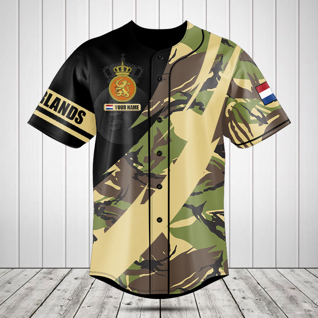 Personalized Netherlands Army Camo Fire Style Baseball Jersey