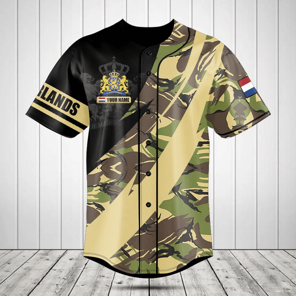 Personalized Netherlands Coat Of Arms Camo Fire Style Baseball Jersey