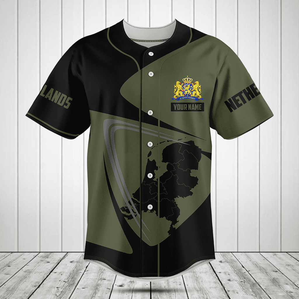 Personalized Netherlands Map Black And Olive Green Baseball Jersey