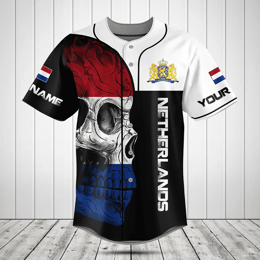 Personalized Netherlands Skull Flag 3D Black And White Baseball Jersey